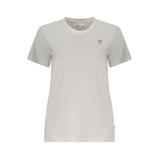 T-Shirt by Guess Jeans for women in organic cotton white showcases a fashionable silhouette, elegantly detailed with a fashionable short-sleeve and crew neckline for a sophisticated, high-fashion look.