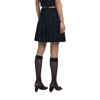 Skirt by Desigual for women in stretch viscose polyester black, patterned & floral features a sublime silhouette, showcasing the sublime design of the Women's Flared Stretch Viscose Polyester Mini Skirt in a sophisticated mini.