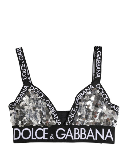 Dolce & Gabbana Silver Sequined Triangle Soft Cup Bra Underwear