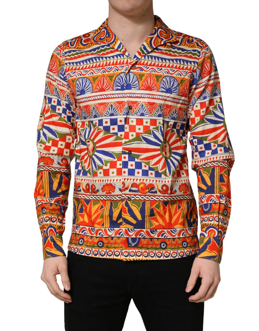 Dolce & Gabbana Men's Slim Long-Sleeve Cotton Twill Dress Shirt - Black Multicolor