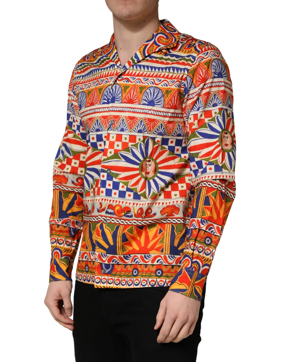 Dolce & Gabbana Men's Slim Long-Sleeve Cotton Twill Dress Shirt - Black Multicolor