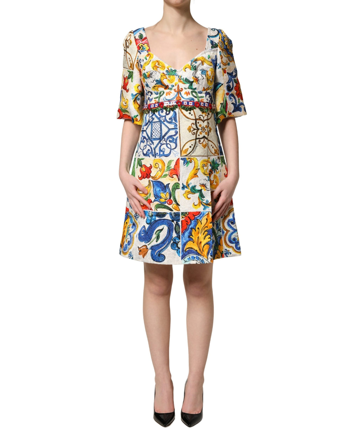 Dolce & Gabbana Women's Short-Sleeve Stretch Cotton Nylon & Silk Mini Dress - Multicolor Print