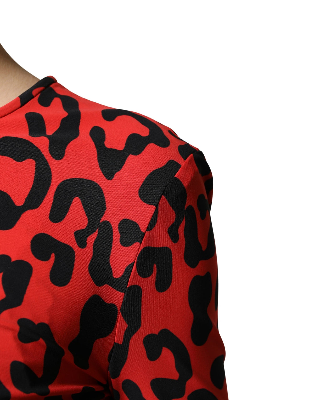 Dolce & Gabbana Women's Wrap Cocktail Long-Sleeve Stretch Nylon & Calf Leather Midi Mini Dress - Black Red Leopard Print Patterned Print