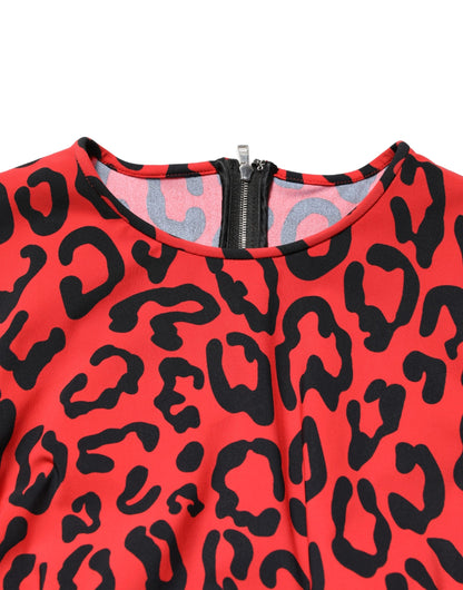 Dolce & Gabbana Women's Wrap Cocktail Long-Sleeve Stretch Nylon & Calf Leather Midi Mini Dress - Black Red Leopard Print Patterned Print