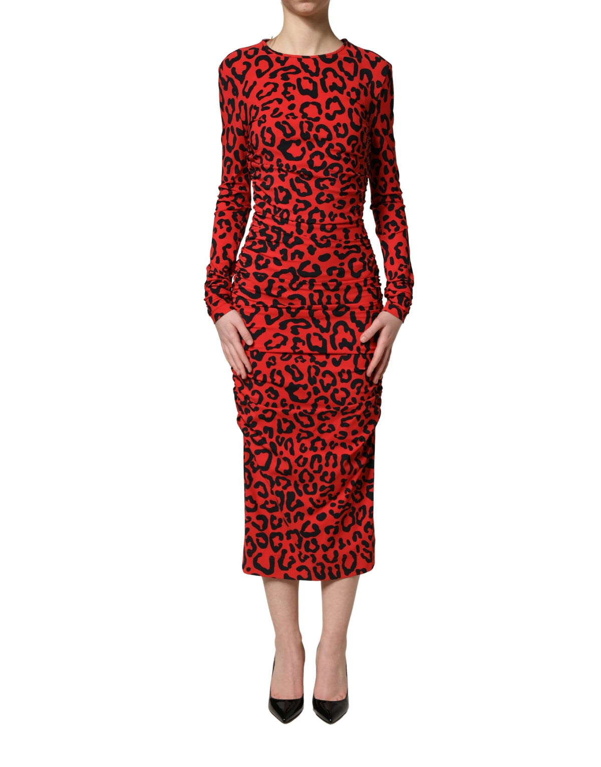 Dolce & Gabbana Women's Wrap Cocktail Long-Sleeve Stretch Nylon & Calf Leather Midi Mini Dress - Black Red Leopard Print Patterned Print
