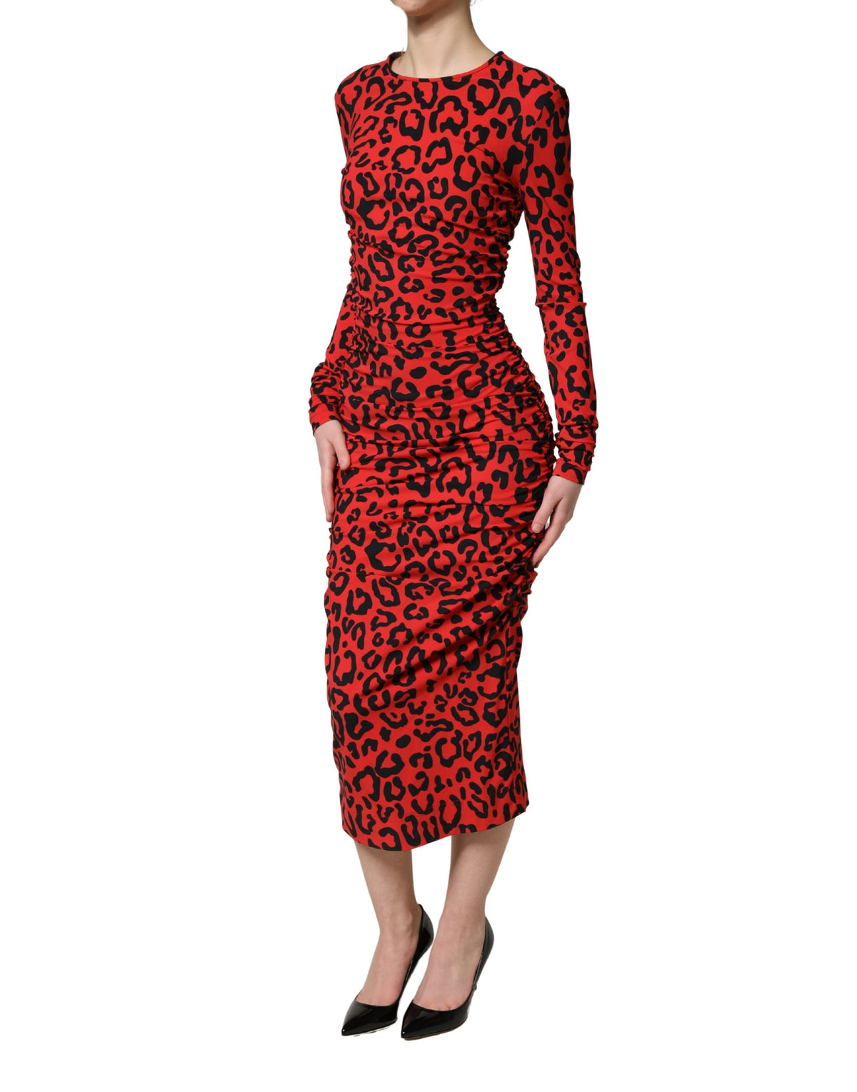Dolce & Gabbana Women's Wrap Cocktail Long-Sleeve Stretch Nylon & Calf Leather Midi Mini Dress - Black Red Leopard Print Patterned Print