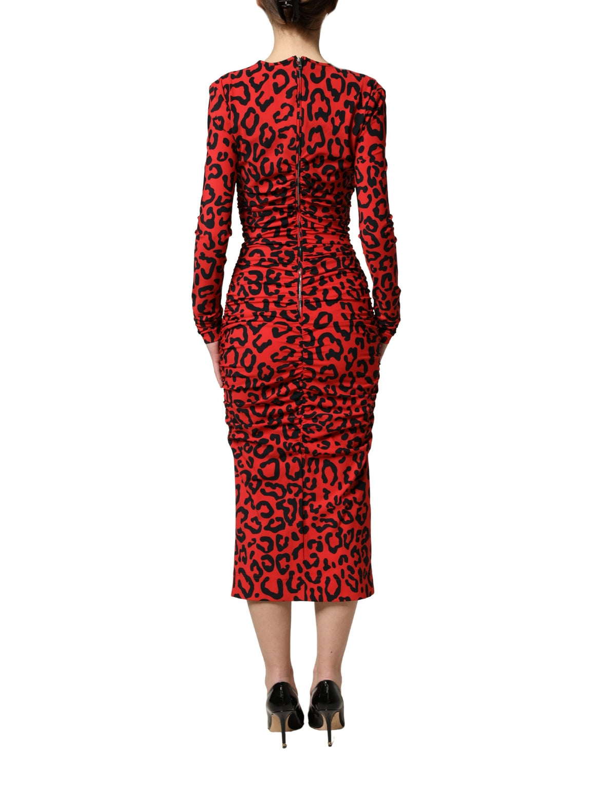Dolce & Gabbana Women's Wrap Cocktail Long-Sleeve Stretch Nylon & Calf Leather Midi Mini Dress - Black Red Leopard Print Patterned Print