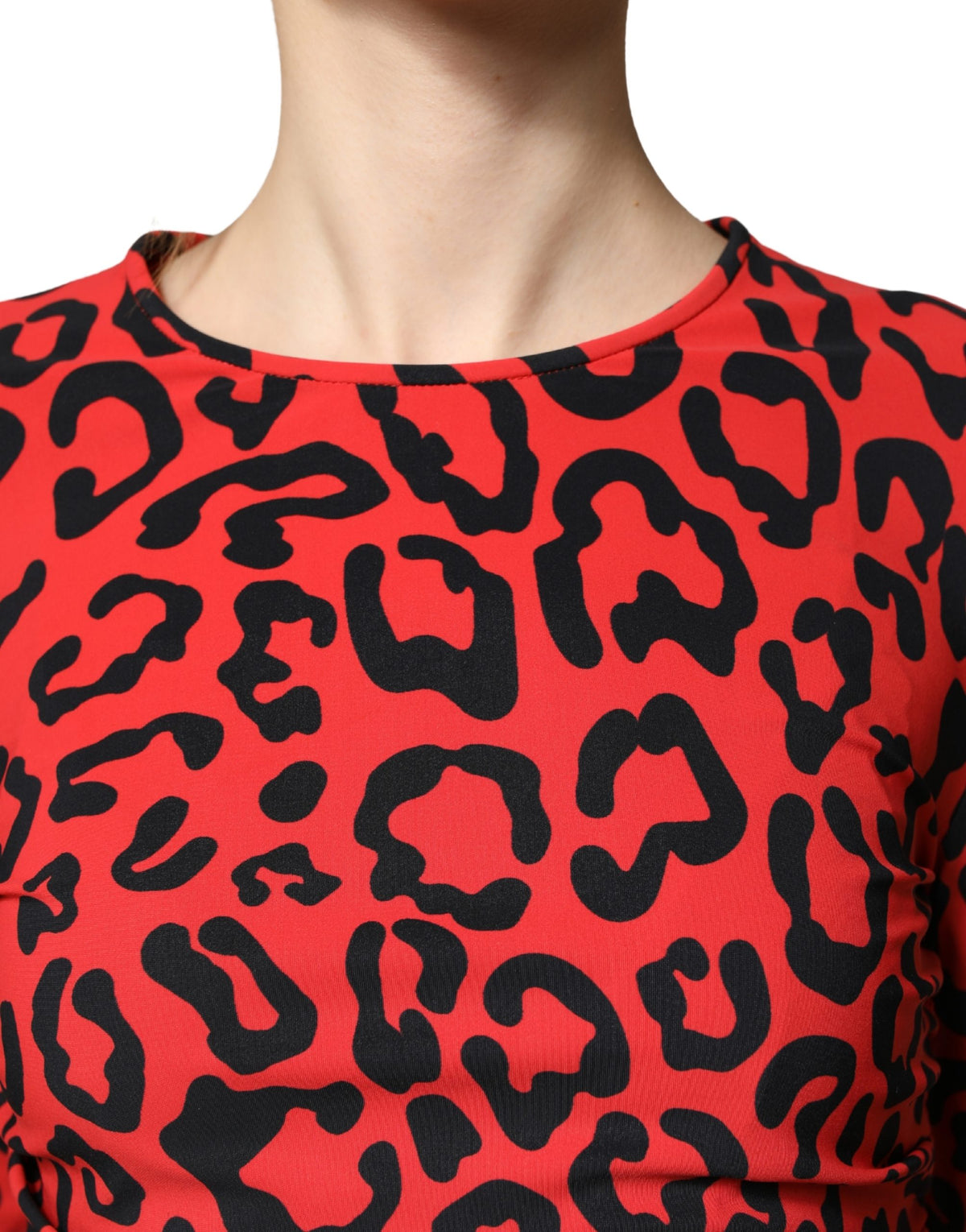 Dolce & Gabbana Women's Wrap Cocktail Long-Sleeve Stretch Nylon & Calf Leather Midi Mini Dress - Black Red Leopard Print Patterned Print