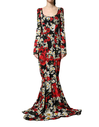 Dolce & Gabbana Women's Gown Wrap Cocktail Long-Sleeve Silk Mini Long Dress - Black Floral Signature Print