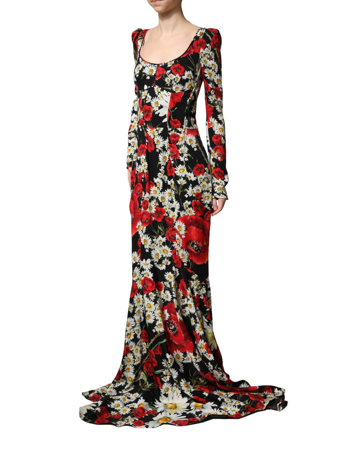 Dolce & Gabbana Women's Gown Wrap Cocktail Long-Sleeve Silk Mini Long Dress - Black Floral Signature Print