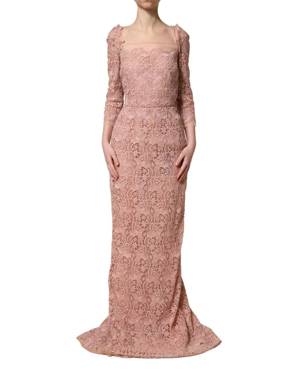 Dolce & Gabbana Women's Gown Cocktail Long-Sleeve Cotton Lace Polyester & Silk Long Dress - Pink