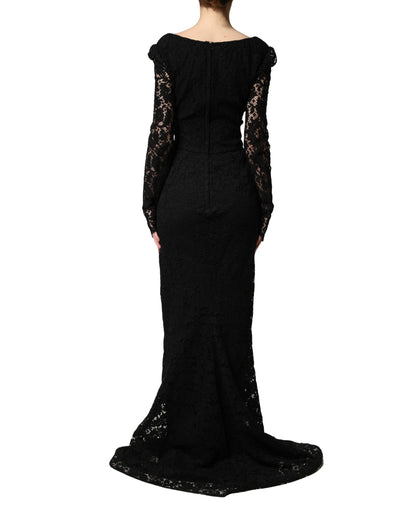 Dolce & Gabbana Women's Long Gown Sheath Cocktail Long-Sleeve Square Neck Cotton Silk Viscose & Lace Maxi Dress - Black Patterned Floral