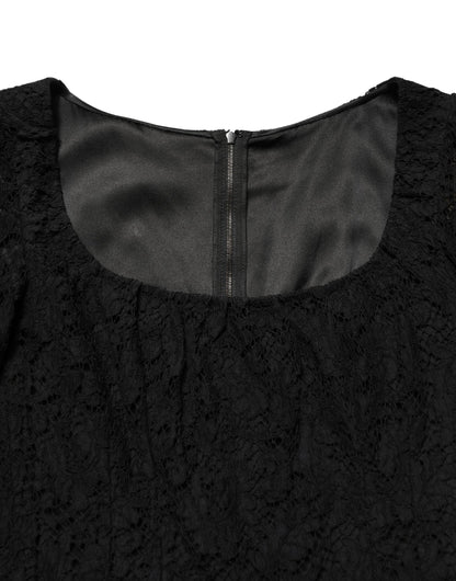 Dolce & Gabbana Women's Long Gown Sheath Cocktail Long-Sleeve Square Neck Cotton Silk Viscose & Lace Maxi Dress - Black Patterned Floral