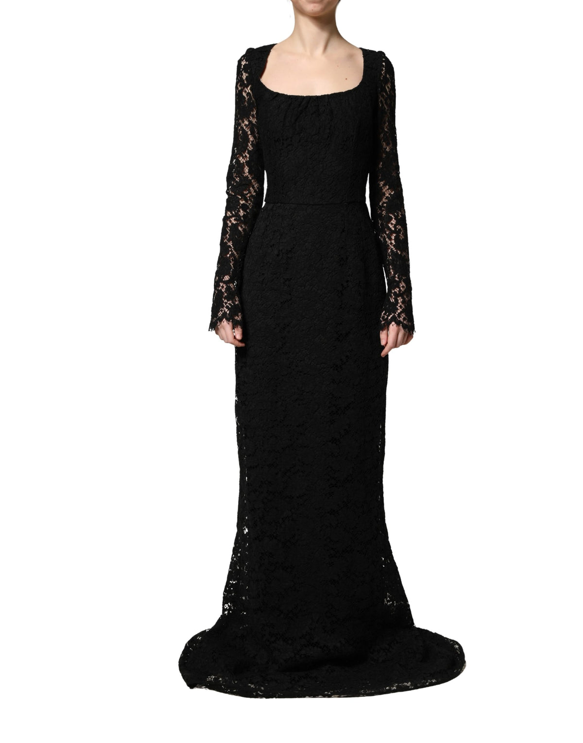 Dolce & Gabbana Women's Long Gown Sheath Cocktail Long-Sleeve Square Neck Cotton Silk Viscose & Lace Maxi Dress - Black Patterned Floral