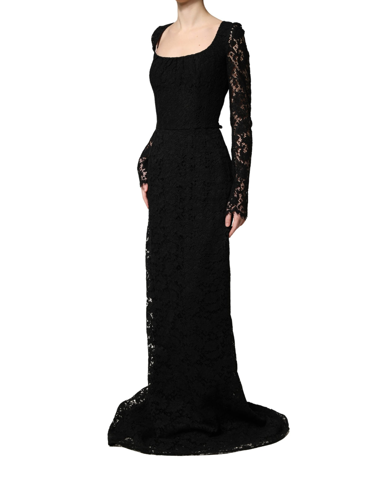 Dolce & Gabbana Women's Long Gown Sheath Cocktail Long-Sleeve Square Neck Cotton Silk Viscose & Lace Maxi Dress - Black Patterned Floral