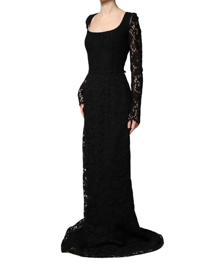 Dolce & Gabbana Women's Long Gown Sheath Cocktail Long-Sleeve Square Neck Cotton Silk Viscose & Lace Maxi Dress - Black Patterned Floral