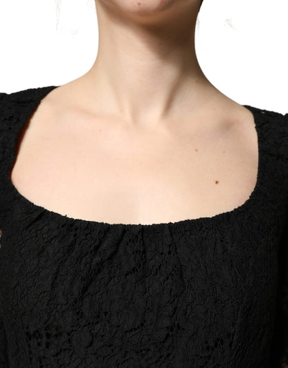Dolce & Gabbana Women's Long Gown Sheath Cocktail Long-Sleeve Square Neck Cotton Silk Viscose & Lace Maxi Dress - Black Patterned Floral
