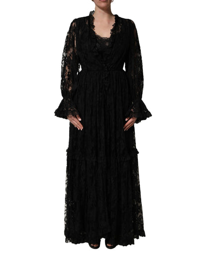 Dolce & Gabbana Women's A Line Gown Cocktail Long-Sleeve Cotton Silk Nylon & Lace Long Dress - Black
