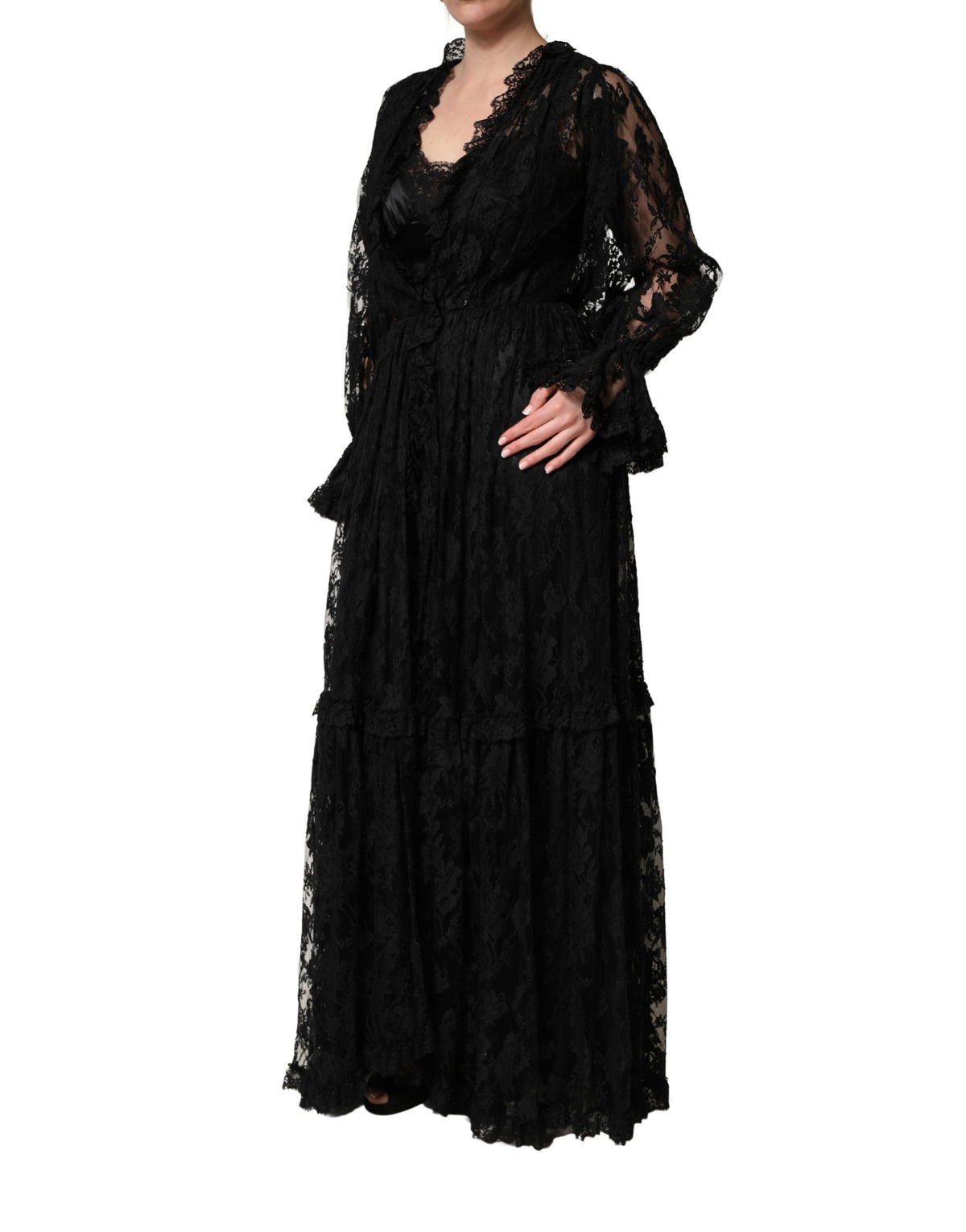 Dolce & Gabbana Women's A Line Gown Cocktail Long-Sleeve Cotton Silk Nylon & Lace Long Dress - Black
