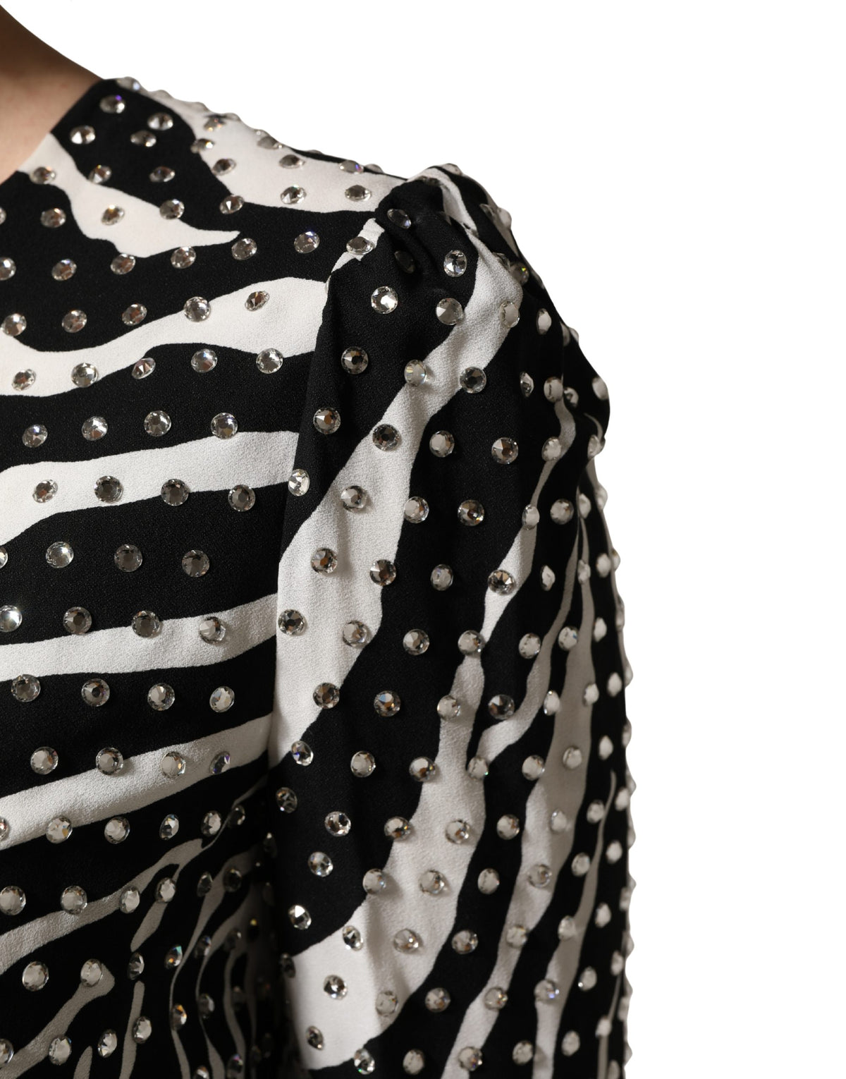 Dolce & Gabbana Women's Wrap Cocktail Long-Sleeve Silk Viscose Acetate & Rhinestone Short Mini Dress - Black White Zebra Patterned Print