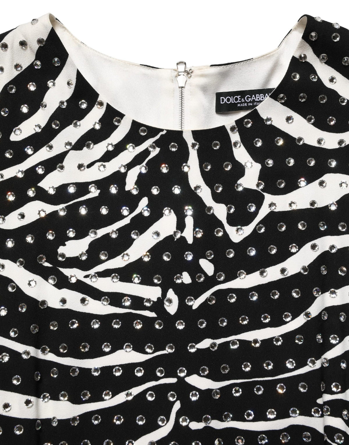 Dolce & Gabbana Women's Wrap Cocktail Long-Sleeve Silk Viscose Acetate & Rhinestone Short Mini Dress - Black White Zebra Patterned Print