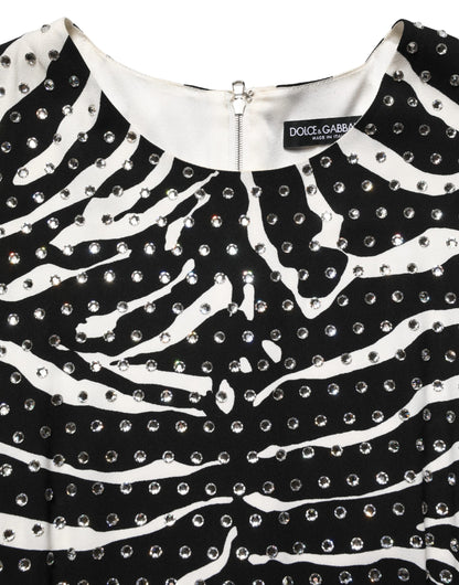 Dolce & Gabbana Women's Wrap Cocktail Long-Sleeve Silk Viscose Acetate & Rhinestone Short Mini Dress - Black White Zebra Patterned Print