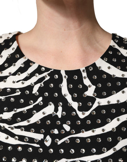 Dolce & Gabbana Women's Wrap Cocktail Long-Sleeve Silk Viscose Acetate & Rhinestone Short Mini Dress - Black White Zebra Patterned Print