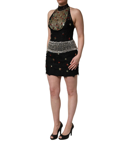 Dolce & Gabbana Women's Sheath Wrap Sleeveless Cotton Crystal Nylon & Sequins Short Mini Dress - Black