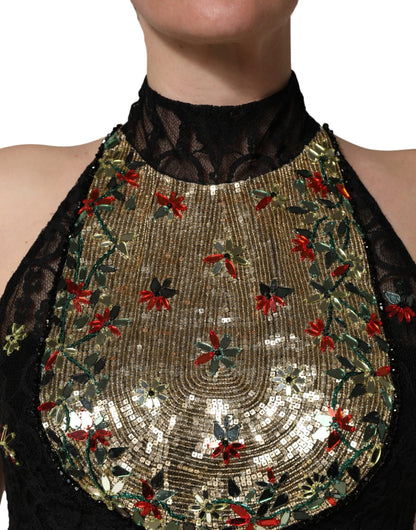 Dolce & Gabbana Women's Sheath Wrap Sleeveless Cotton Crystal Nylon & Sequins Short Mini Dress - Black