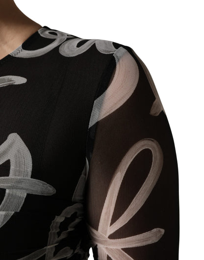 MSGM Women's Cocktail Long-Sleeve Stretch Nylon Mini Dress - Black White Patterned Signature Print