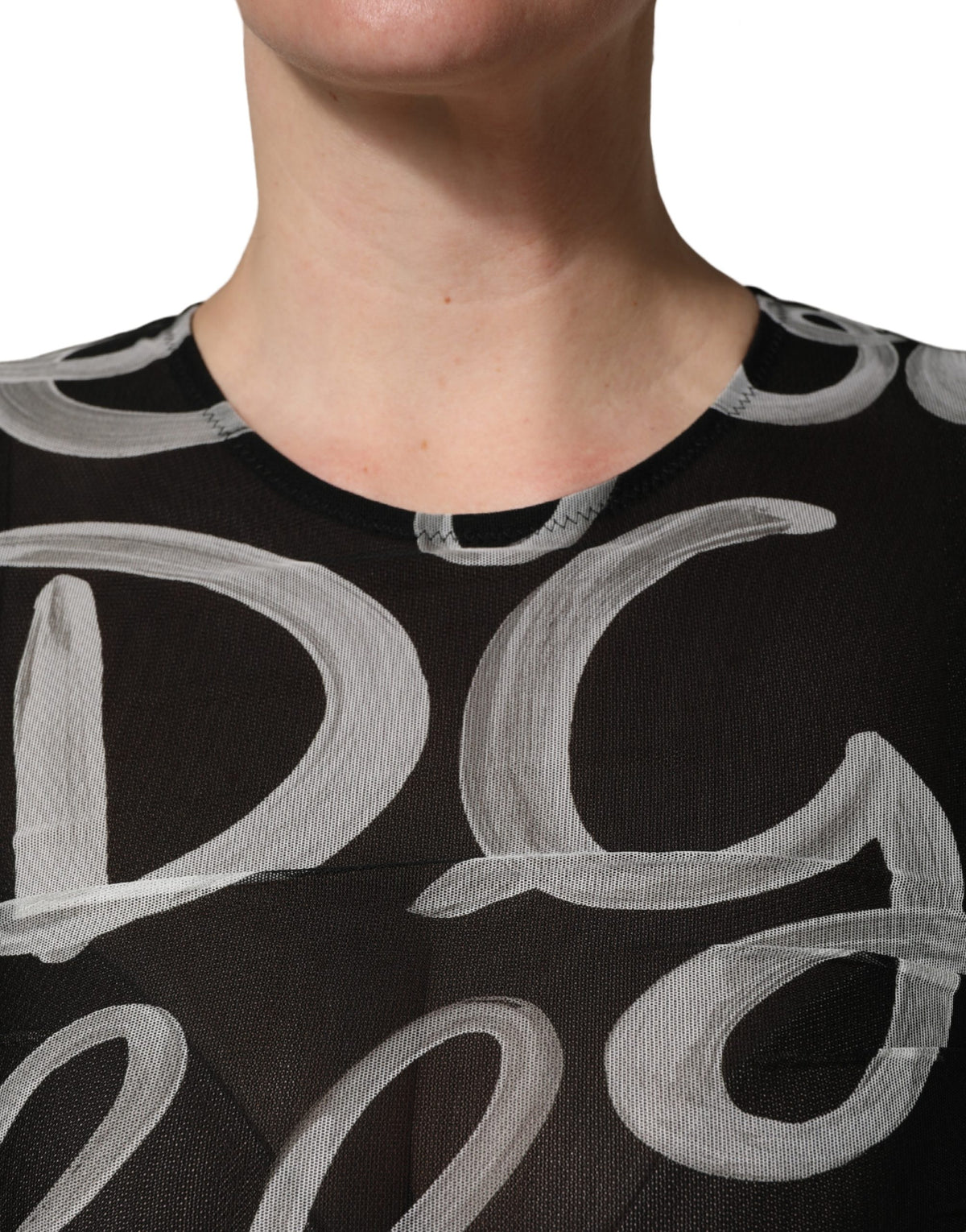 MSGM Women's Cocktail Long-Sleeve Stretch Nylon Mini Dress - Black White Patterned Signature Print