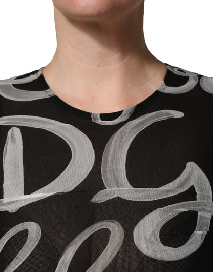 MSGM Women's Cocktail Long-Sleeve Stretch Nylon Mini Dress - Black White Patterned Signature Print