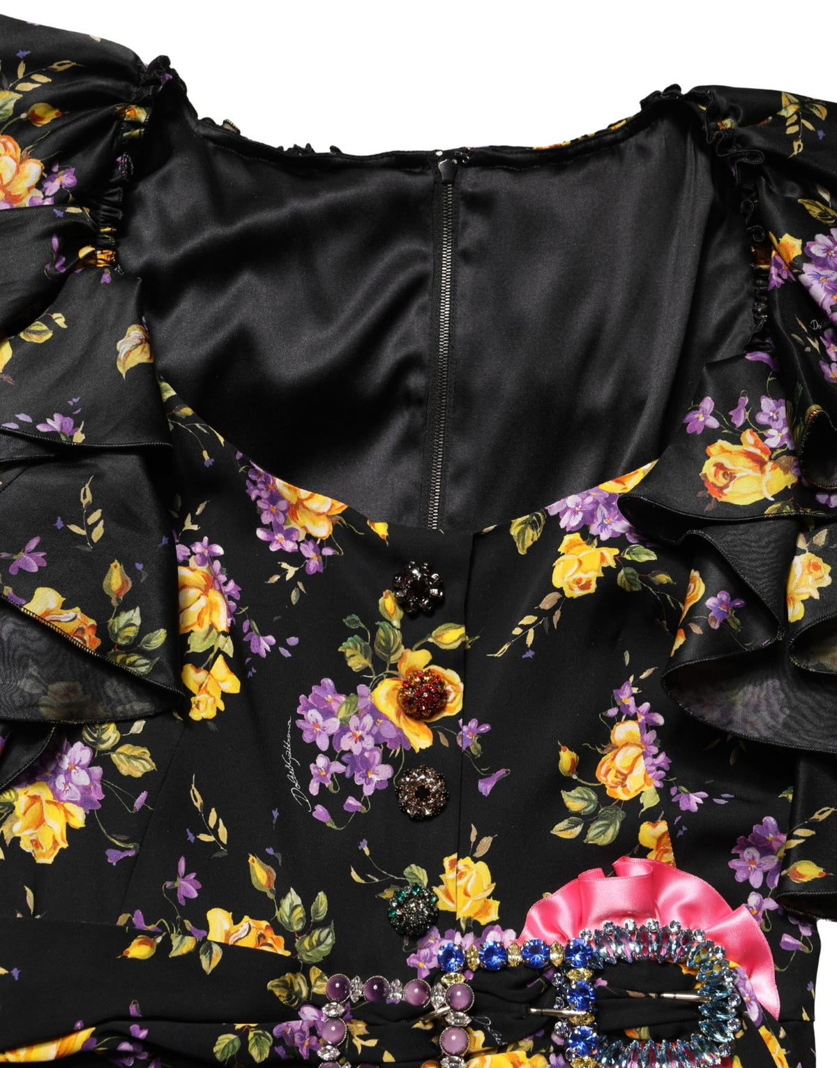 Dolce & Gabbana Ribbon Women's Wrap Sleeveless Crystal Elastane & Silk Midi Dress - Black Purple Print