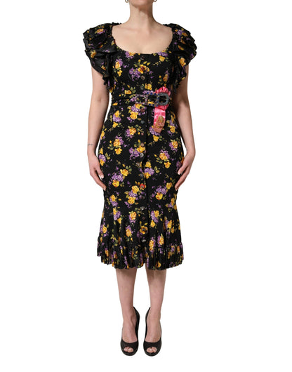 Dolce & Gabbana Ribbon Women's Wrap Sleeveless Crystal Elastane & Silk Midi Dress - Black Purple Print