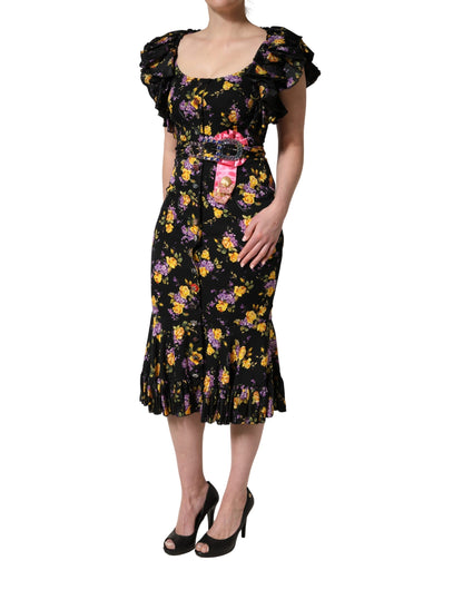 Dolce & Gabbana Ribbon Women's Wrap Sleeveless Crystal Elastane & Silk Midi Dress - Black Purple Print