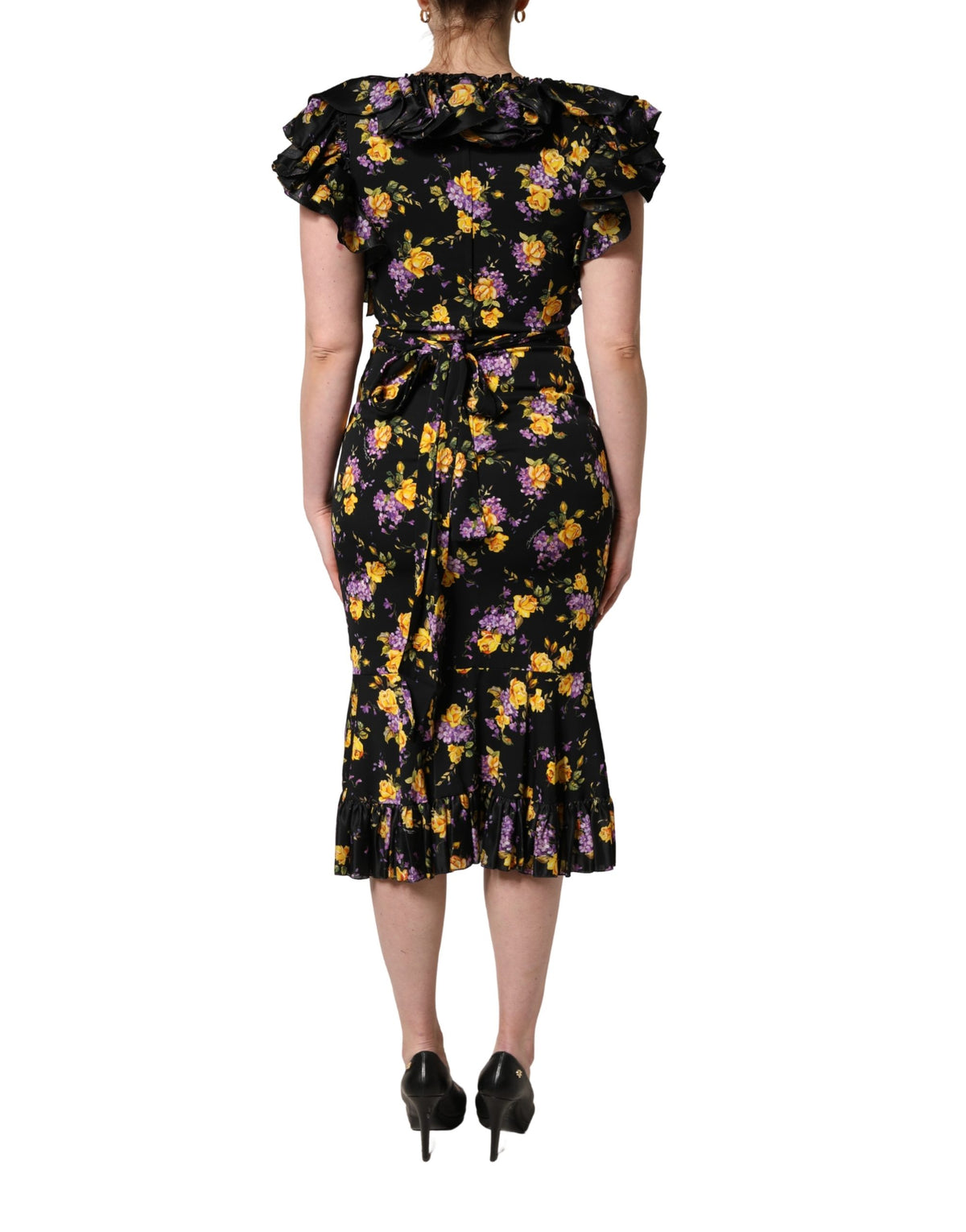 Dolce & Gabbana Ribbon Women's Wrap Sleeveless Crystal Elastane & Silk Midi Dress - Black Purple Print