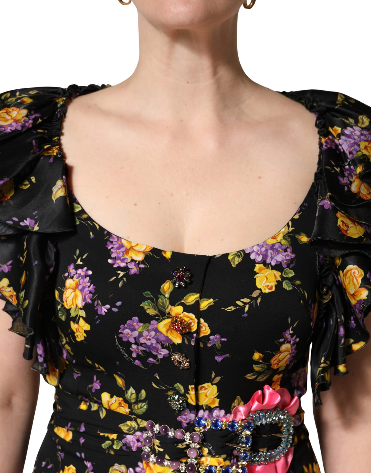 Dolce & Gabbana Ribbon Women's Wrap Sleeveless Crystal Elastane & Silk Midi Dress - Black Purple Print