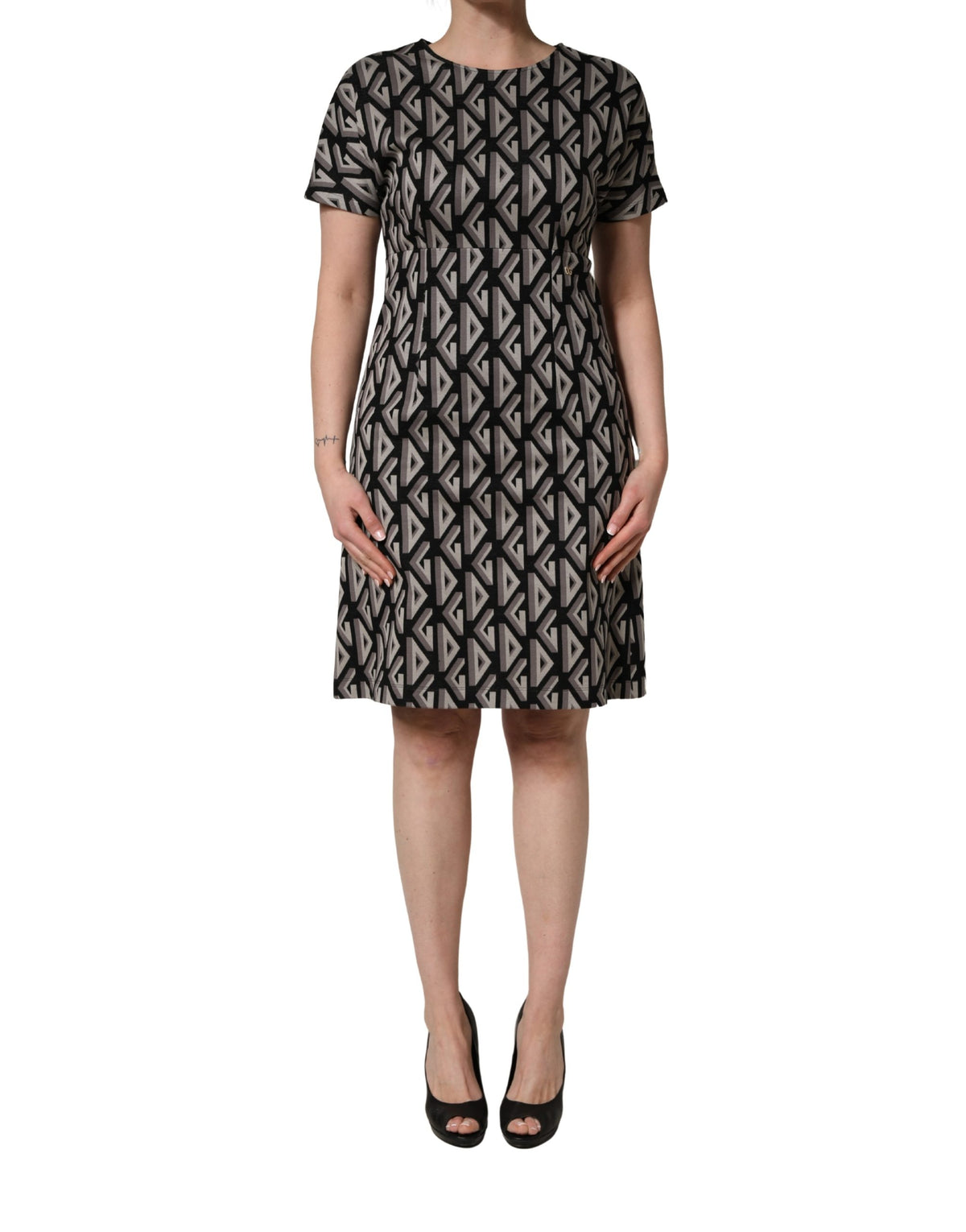 Dolce & Gabbana Women's A Line Short-Sleeve Cotton Knee Short Mini Dress - Black Print