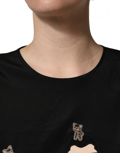 Dolce & Gabbana Women's Short-Sleeve Crew Neck Silk Blouse - Black Multicolor Patterned