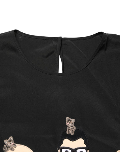 Dolce & Gabbana Women's Short-Sleeve Crew Neck Silk Blouse - Black Multicolor Patterned
