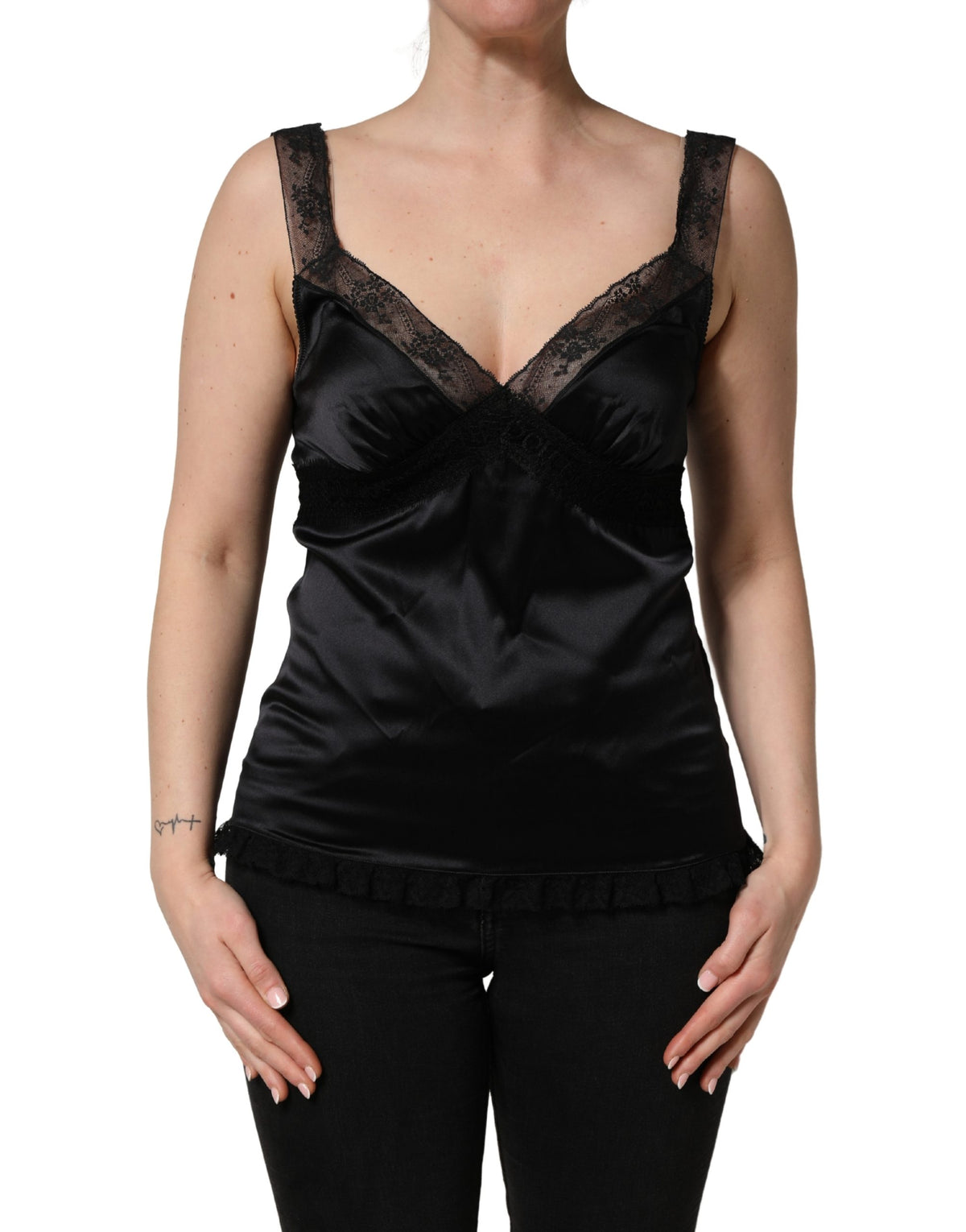 Dolce & Gabbana Women's V Neck Cotton Silk Rayon & Lace Tank Top - Black