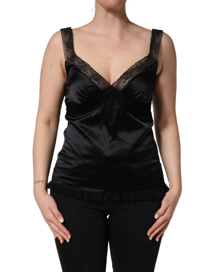 Dolce & Gabbana Women's V Neck Cotton Silk Rayon & Lace Tank Top - Black