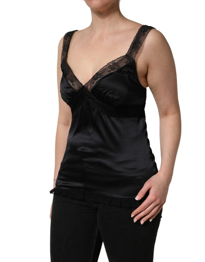 Dolce & Gabbana Women's V Neck Cotton Silk Rayon & Lace Tank Top - Black