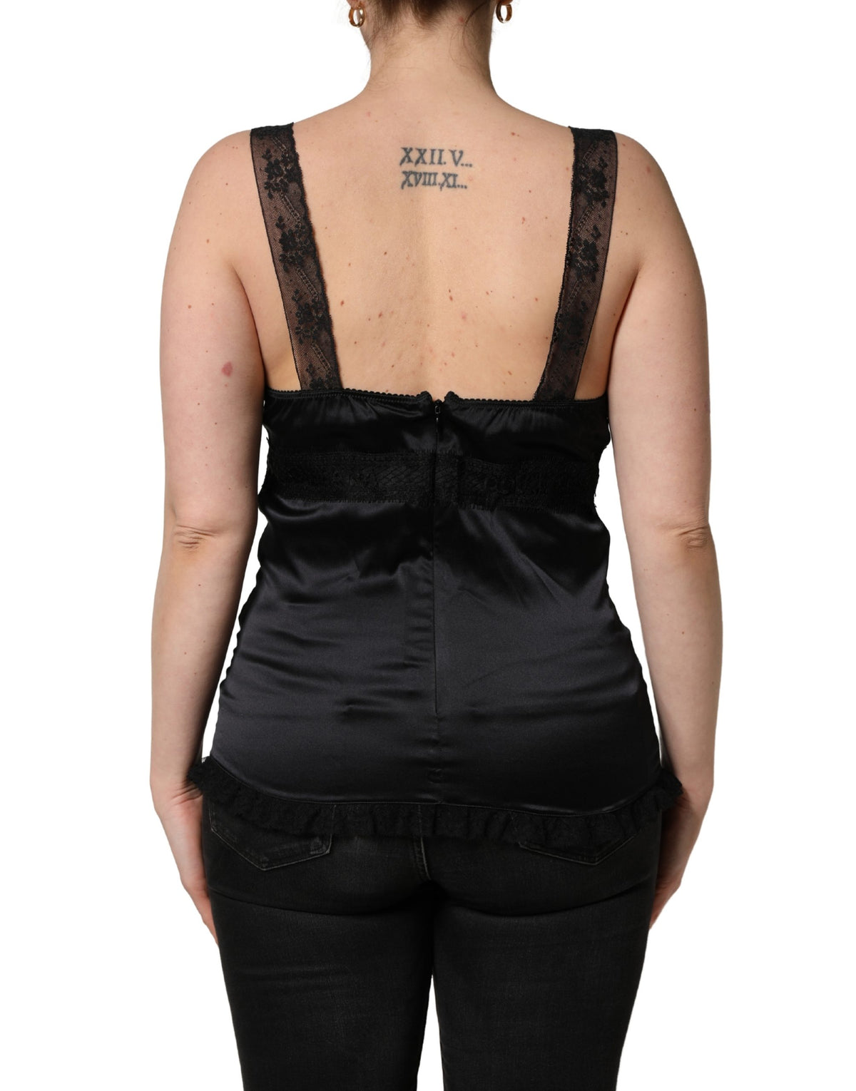Dolce & Gabbana Women's V Neck Cotton Silk Rayon & Lace Tank Top - Black