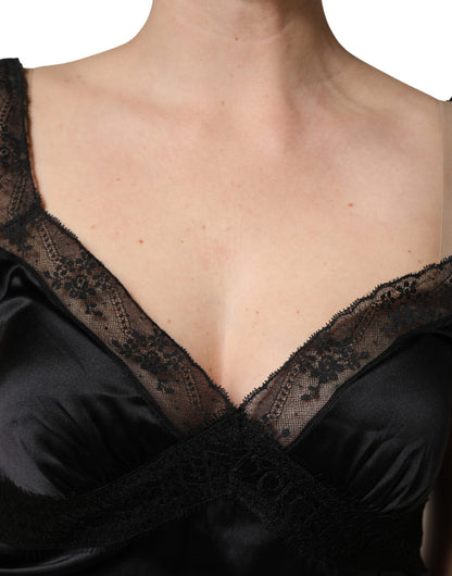 Dolce & Gabbana Women's V Neck Cotton Silk Rayon & Lace Tank Top - Black