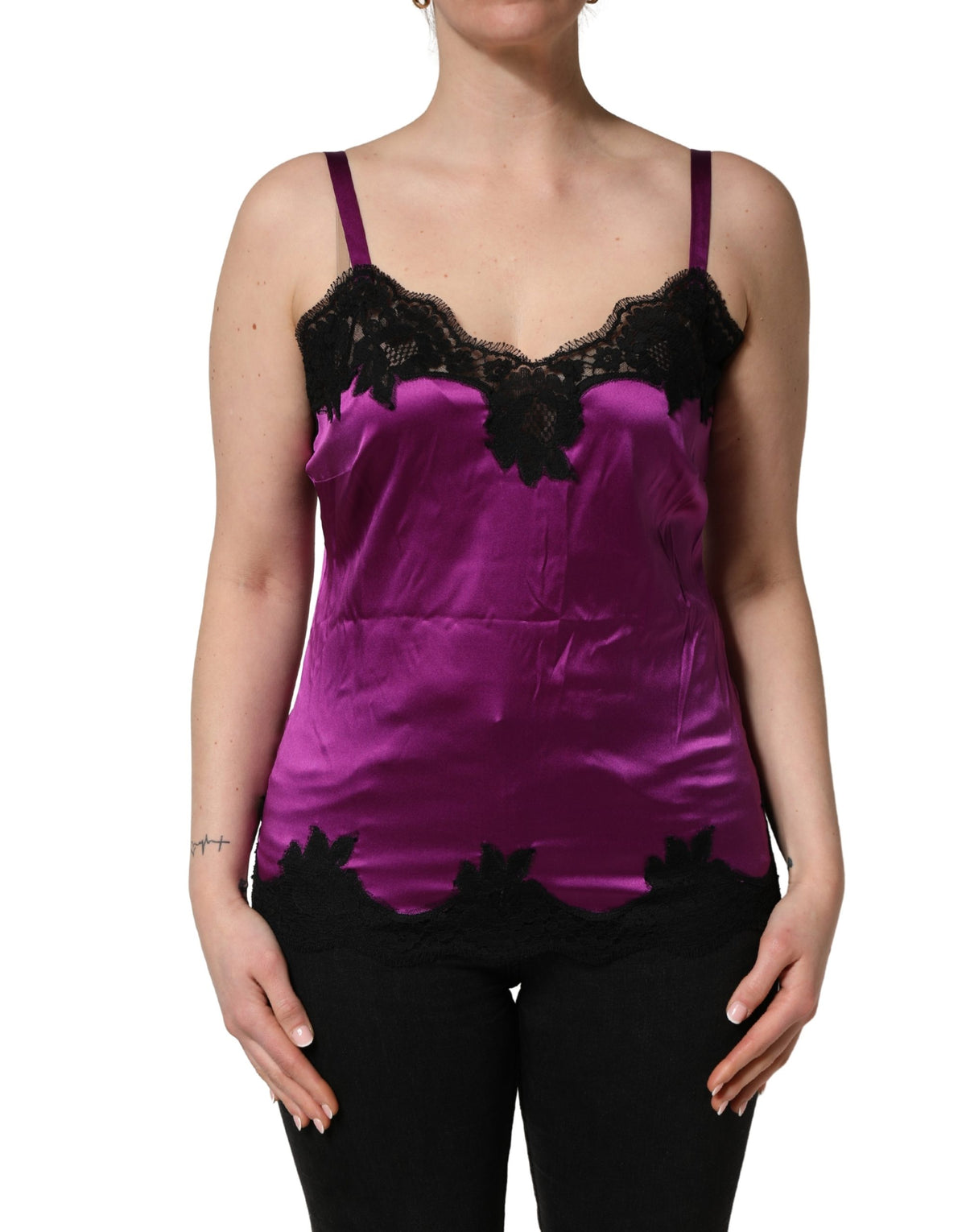 Dolce & Gabbana Women's Sweetheart Neck Cotton Silk Nylon & Lace Tank Top - Black Purple