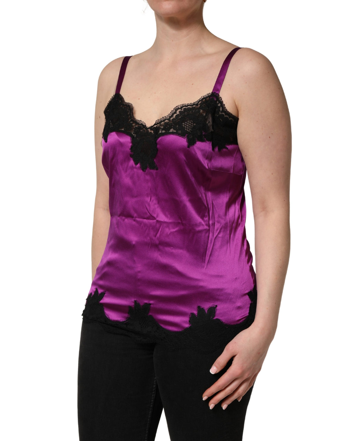 Dolce & Gabbana Women's Sweetheart Neck Cotton Silk Nylon & Lace Tank Top - Black Purple