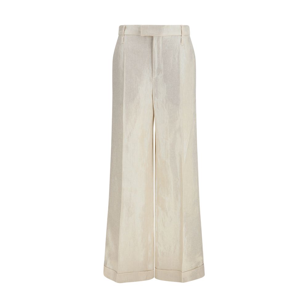 Trousers by Brunello Cucinelli for women in linen & silk beige & natural features a sculptural silhouette, showcasing a sculptural straight-leg & regular-fit and long with a sophisticated high rise for a sculptural finish.