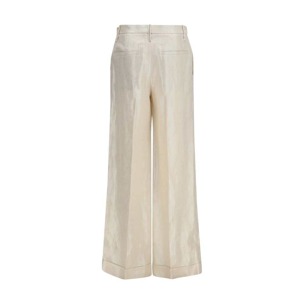 Trousers by Brunello Cucinelli for women in linen & silk beige & natural presents a perennial silhouette, meticulously tailored with a straight-leg & regular-fit cut, long finish, and an elegant high rise.