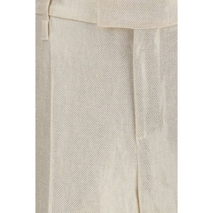 Trousers by Brunello Cucinelli for women in linen & silk beige & natural presents a smart silhouette, meticulously detailed with a smart straight-leg & regular-fit, a smart long, and a smart high rise.